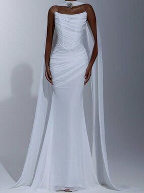 White Party Women's Elegant Strapless Pleated Fish Tail Maxi Wedding Dress